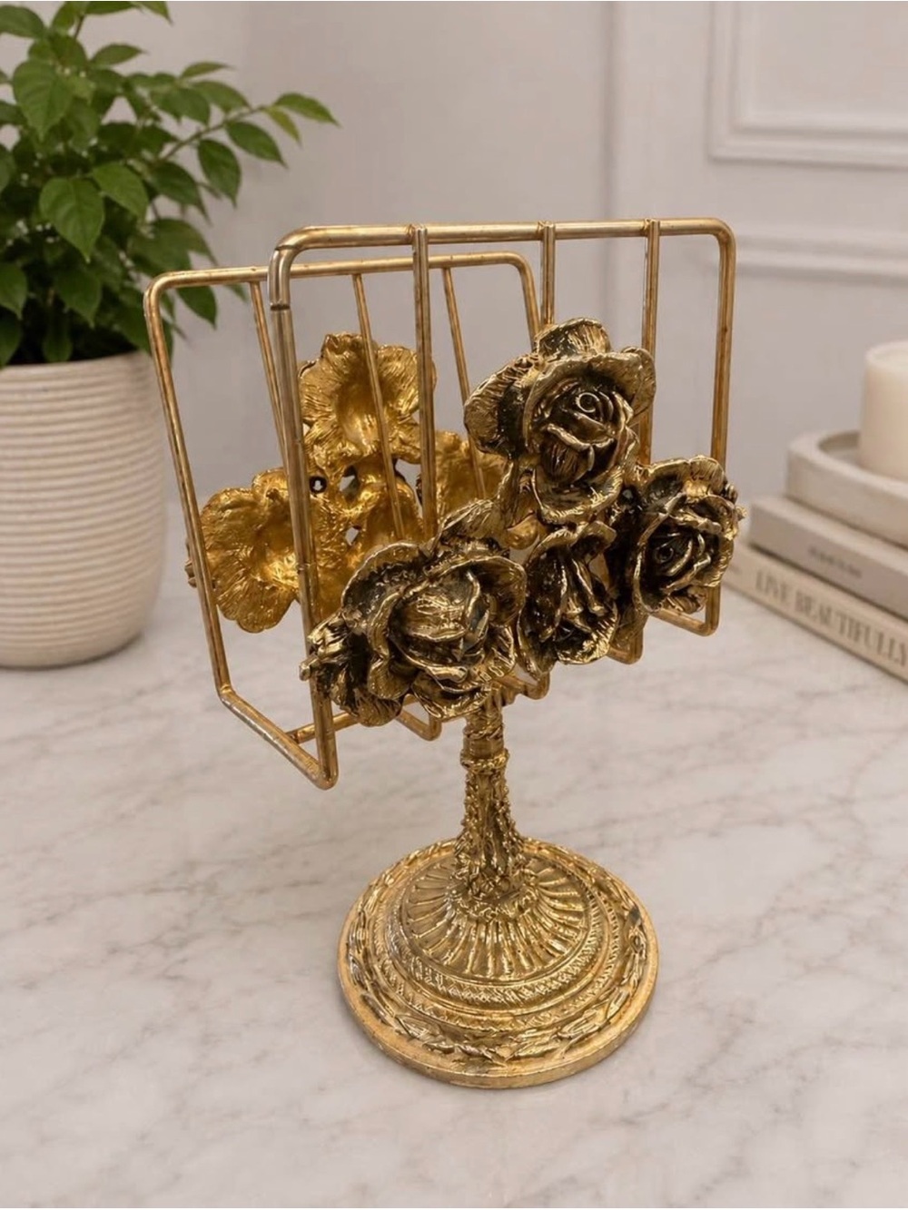 Vintage Gold-Tone Floral Magazine Rack / Stand – Ornate Decor